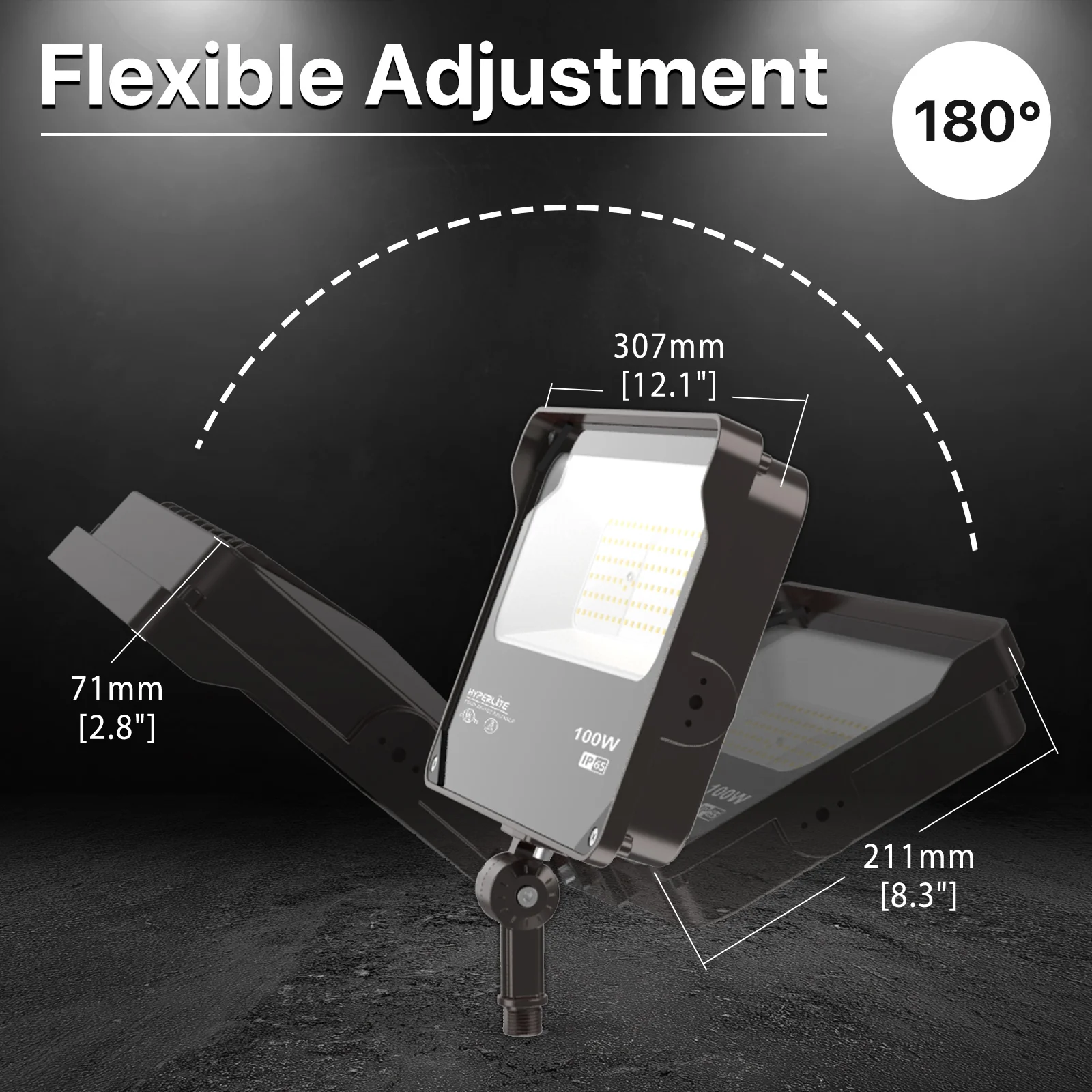 Hyperlite Led Flood Light - Mars Series (Kuncle Mount), 11000lm, 5000K, AC 120V, Optional Dusk-to-Dawn, Without Junction Box - Image 3
