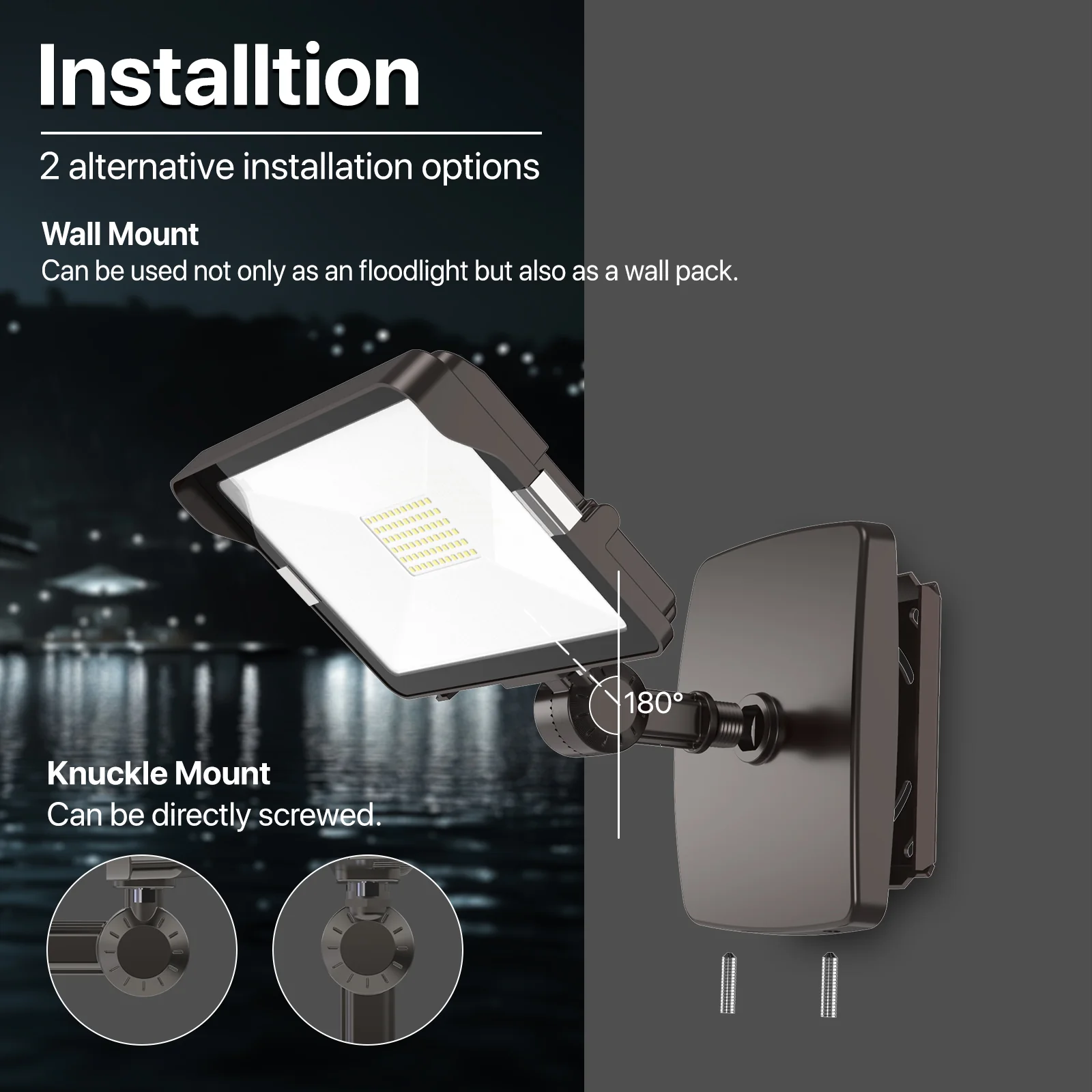 Hyperlite Led Flood Light - Mars Series (Knucle Mount) 2 Pack, 3300lumens, 5000K, AC 120V With Junction Box - Image 3