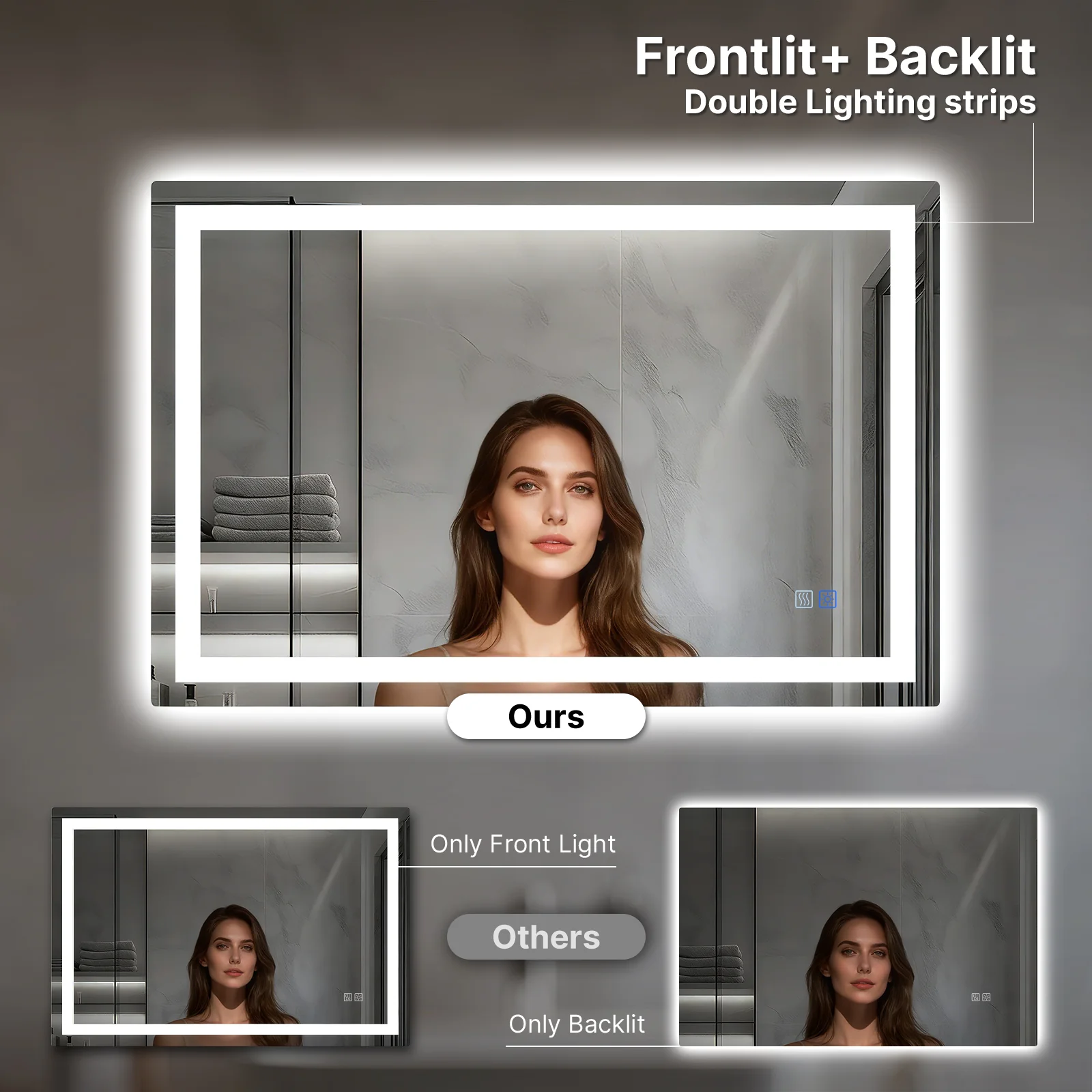 LED Bathroom Mirror, Backlit + Front Lit, Anti-Fog, Dimmable 3 Color Lighting, Memory Function - Image 3