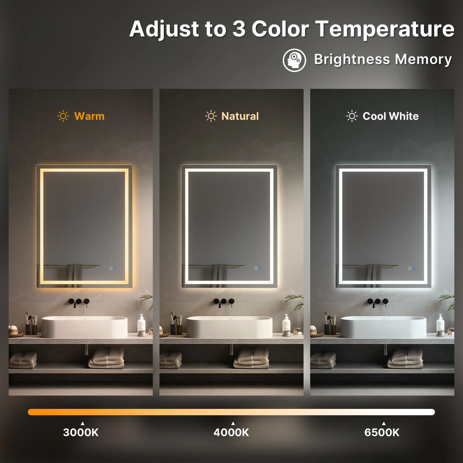 LED Bathroom Mirror, Backlit + Front Lit, Anti-Fog, Dimmable 3 Color Lighting, Memory Function - Image 4