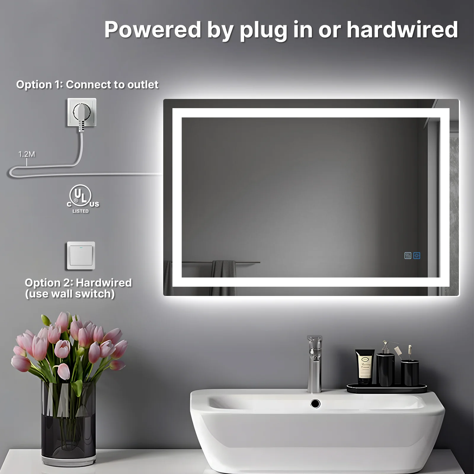 LED Bathroom Mirror, Backlit + Front Lit, Anti-Fog, Dimmable 3 Color Lighting, Memory Function - Image 8