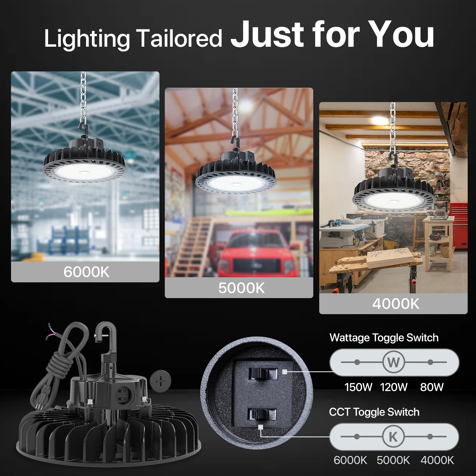 Hyperlite LED High Bay Light - Black Hero Series, 21750lumens, Selectable Wattage&CCT, AC 120-277V - Image 3